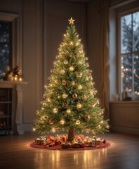 A sparkling Christmas tree, its ornaments reflecting the surrounding fairy lights' warm glow ,  christmas background,  celebration