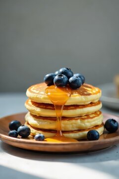 A delightful stack of golden pancakes, adorned with juicy blueberries and a luscious honey drizzle, served on a rustic wooden plate.