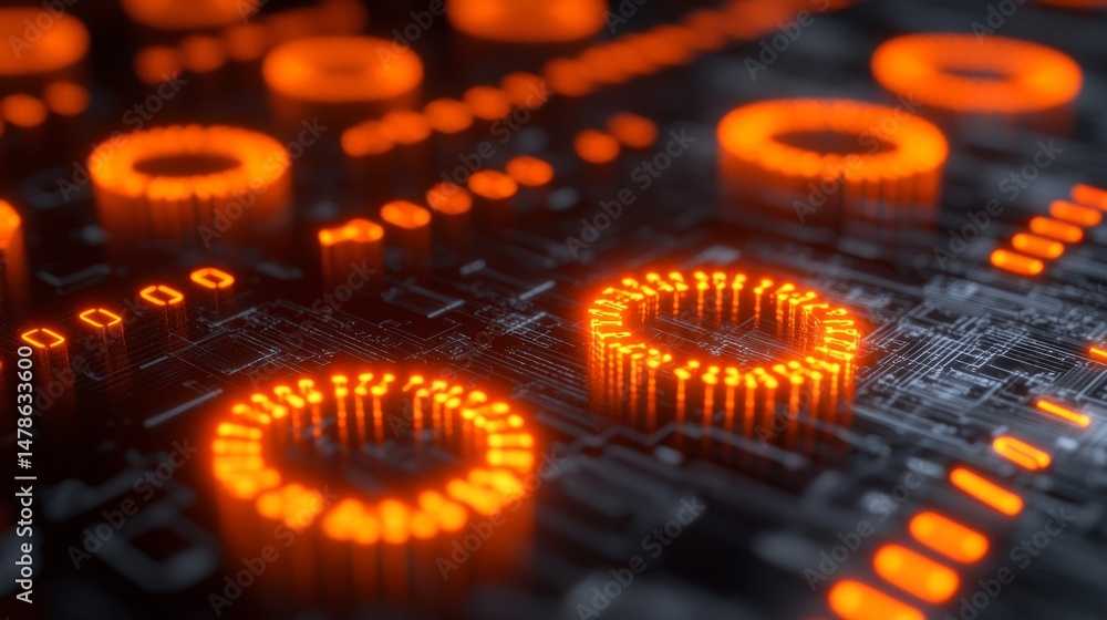 Poster circuit board abstract: intricate digital design featuring glowing circular elements, and lines show