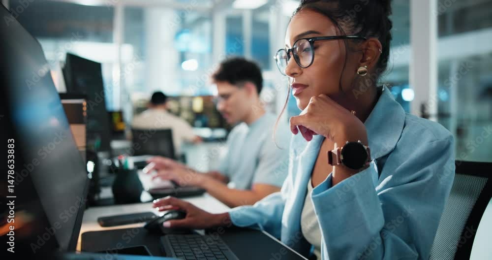 Poster Computer, thinking and typing with programmer woman in office as graphic designer for software development. Coding, reading and web design with developer or engineer at work for virtual update