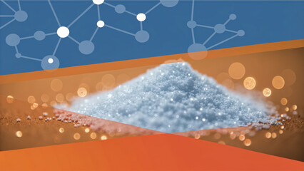Pharmaceutical active ingredient api powder with chemical molecular structure background and glowing bokeh light effect