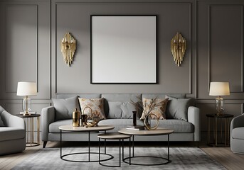 Elegant living room with gray sofa, picture frame, and gold wall sconces