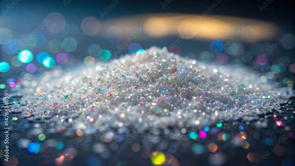 Poster pile of fine pharmaceutical ingredient granules sparkles actively with light reflections creating ma