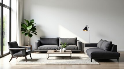 Modern Minimalist Living Room Interior Design with Gray Sofa and Armchair