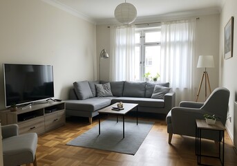 Living room interior with gray sectional sofa, television, and hardwood floor