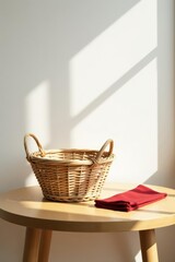 Fototapeta premium Sunlit Rustic Wicker Basket and Folded Fabric on Light Wooden Tabletop