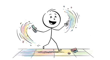 Obraz premium Joyful stick figure artist creating vibrant chalk art on sidewalk tiles