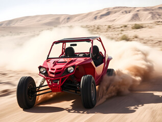 Pilot driving red buggy leaving dust trail in the desert