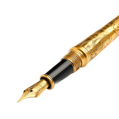 Elegant gold fountain pen with intricate detailing. Close-up view showcasing its craftsmanship.