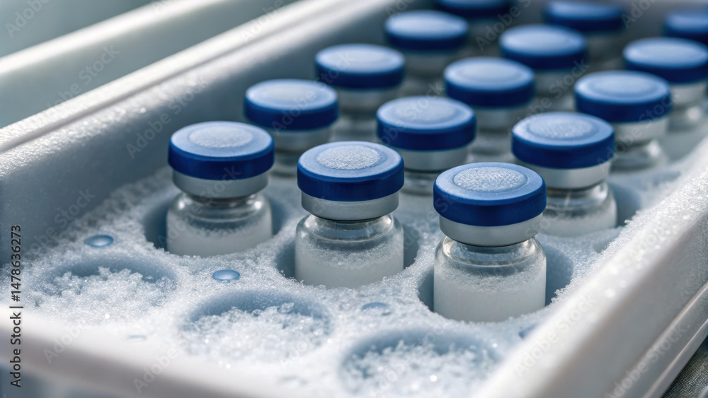 Poster frozen pharmaceutical vials with active ingredient stored in cooling container for safe handling of 