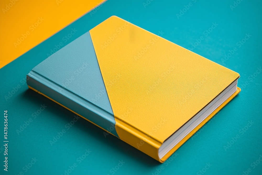 Poster mustard and teal notebook diagonal close up on matching teal surface with textured cover and mustard