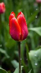 HD close-up of vivid red tulip with raindrops clinging to its petals, set against blurred green foliage in a lush garden. The fresh, misty atmosphere highlights the tulip&rsquo;s beauty in the rain.

