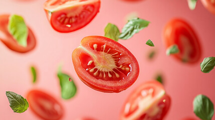 Naklejka premium small fresh tomatoes half cut fluing background.ai generative