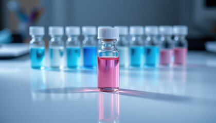 Laboratory experiment with colorful solutions science lab liquid samples controlled environment close-up view chemistry concept