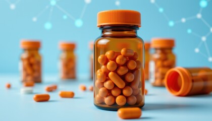 Exploring pharmaceutical developments medicine bottles laboratory digital art clean environment close-up perspective