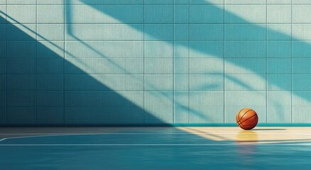 Basketball court interior, sunlight casts shadows on teal wall
