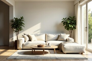 Serene Living Room Interior Design with Natural Light and Neutral Tones Featuring a Sectional Sofa and Lush Greenery
