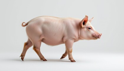 Fototapeta premium Playful pig walking gracefully in studio setting animal photography minimalist environment captured from side view