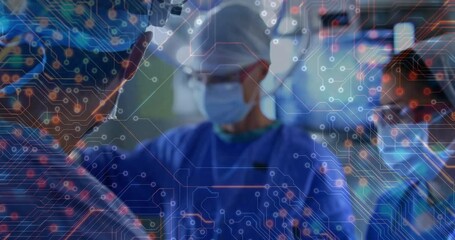 medical team in scrubs and masks collaborating in OR, integrating circuitry overlay guiding surgery - Powered by Adobe