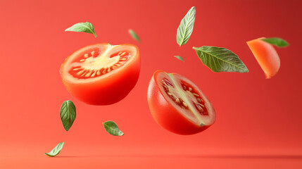 small fresh tomatoes half cut fluing background.ai generative