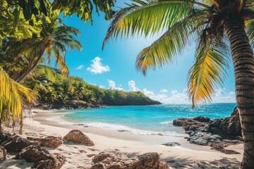 Tropical paradise beach scene. Lush greenery, crystal-clear turquoise water, and white sand create a stunning tropical beach. Sunlight filters through palm trees, casting a warm glow on the scene