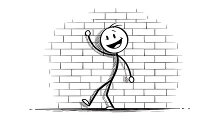 Optimistic stick figure against a brick wall, radiating positivity and cheer
