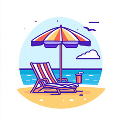 A cozy beach chair under a striped umbrella, with a cold drink and ocean breeze