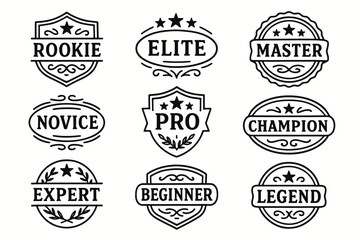 Hand drawn skill level badges set. Rookie, novice, pro, expert, master, champion vector labels collection