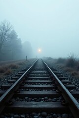 Fototapeta premium A misty morning view of a railway track extending into the distance, the faint glow of a distant light barely visible through the fog.