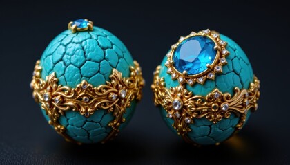 Elegant decorative eggs made of turquoise and gold luxury art display studio environment detailed close-up view