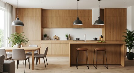 Modern kitchen and dining area with wooden cabinets and pendant lights