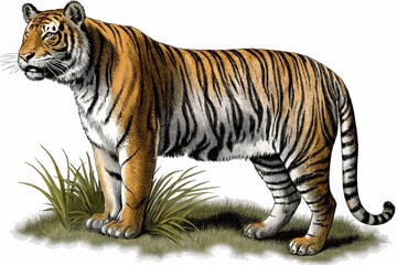 Obraz premium Majestic Tiger Standing on Grassy Landscape in Daylight – Vibrant Orange Fur and Black Stripes