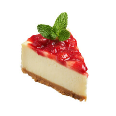 A slice of cheesecake topped with strawberry sauce and a sprig of mint. The rich, creamy cheesecake is perfectly complemented by the tangy sweetness of the sauce and the refreshing mint.