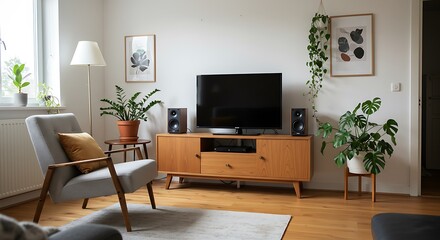 Living room interior with television and plants in a bright space