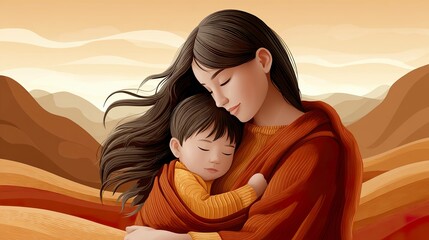 Mother and child embrace in desert landscape