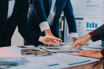 Accounting company provide finance and taxation planning for profitable cash flow, Auditor and accountant team working in office, analyze financial data and accounting record with calculator.Insight