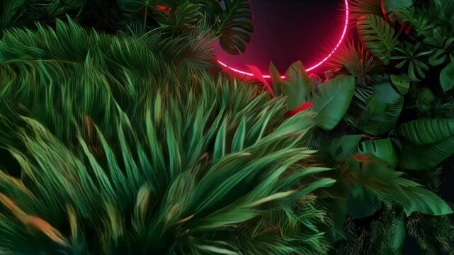 Neon circle surrounded by tropical leaves creates a vibrant and exotic background
