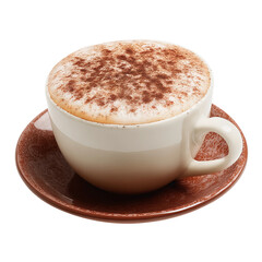 Obraz premium A creamy cappuccino, a delightful coffee beverage, served in a white cup and saucer, offering a comforting and inviting experience. The foamy top is sprinkled with cocoa