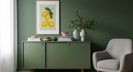 Living room interior with green wall and sideboard, featuring lemon artwork