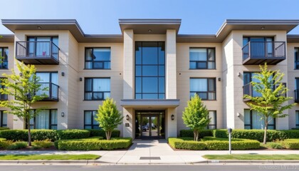 Fototapeta premium Modern apartment complex urban setting real estate photography bright day eye-level view contemporary living