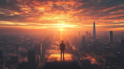 Fototapeta premium A confident business leader standing on a futuristic skyscraper rooftop, overlooking a thriving metropolis