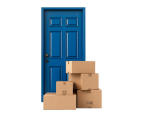 Blue door with stacked cardboard boxes isolated on transparent background