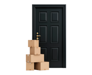 Delivery boxes stacked near a black door isolated on transparent background