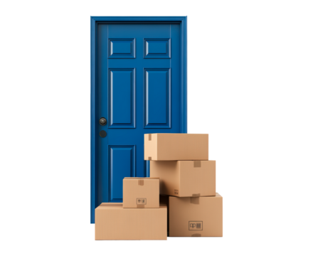 Blue door with stacked cardboard boxes isolated on transparent background