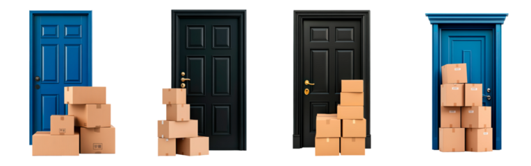 Stacked cardboard boxes in front of door isolated on transparent background
