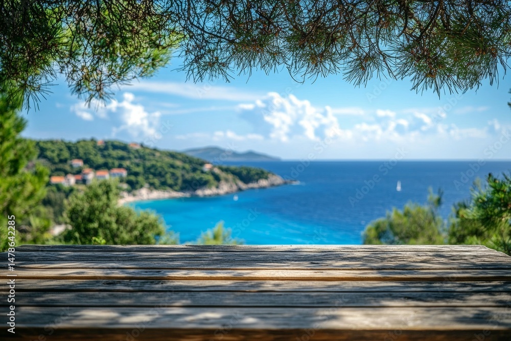 Poster a wooden table with a view of the ocean and a sailboat in the distance