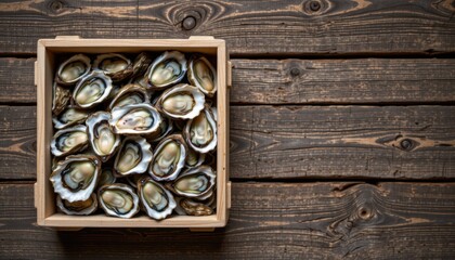 Harvesting fresh oysters coastal seafood market food photography rustic setting aerial view culinary delights