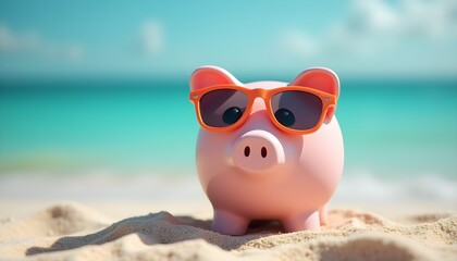 A pink piggy bank wearing orange sunglasses on a beach with a turquoise ocean background