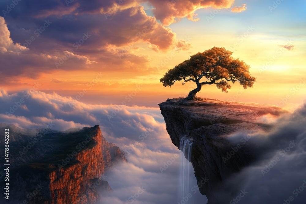 Poster a tree is growing on a cliff with a waterfall in the background