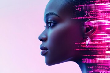 Futuristic young african female profile with digital effect in pink glow